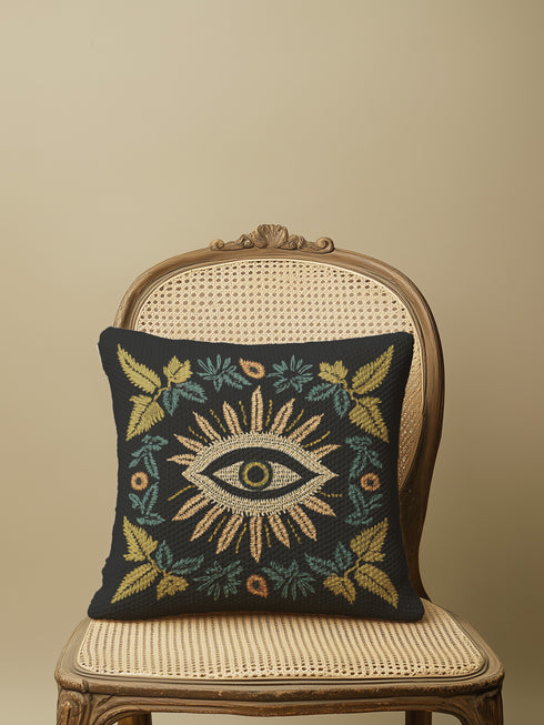 A black woven throw pillow featuring intricate embroidery of an Evil Eye motif in gold, ivory, and green, surrounded by detailed botanical flourishes.